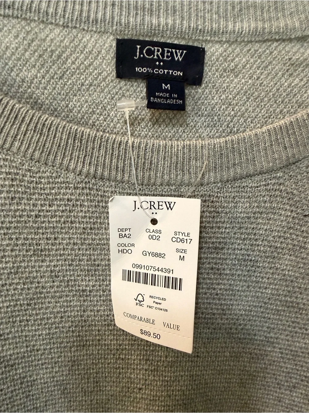 NWT J. Crew Men's Crewneck Gray Cotton Subtle Waffle Knit Sweater Sz M